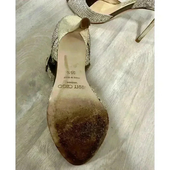 Jimmy Choo Gold Coarse Glitter Peep Toe Ankle Strap Sandals Size 35 1/2 - Picture 15 of 16